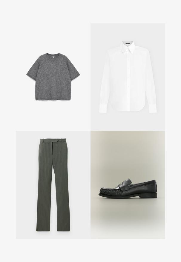 Pull-over en tricot gris à manches courtes avec col rond, présentant une texture douce et une coupe ample, affichant une couleur uniforme.; Chemise blanche à manches longues boutonnée avec col pointu et poignets, présentée sur un fond gris clair uni.; Pantalon tailored à rayures grises foncées avec passants de ceinture et coupe droite, posé à plat sur un fond blanc.; Mocassin penny en cuir noir avec détail plissé au bout et talon bas empilé, vu de côté sur un fond neutre.