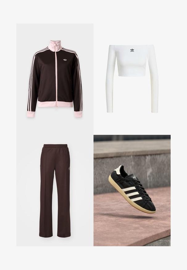 Veste de survêtement Adidas noire et rose avec fermeture éclair complète, bandes roses sur les manches, poignets et col roses, et logo Adidas sur la poitrine.; Crop top blanc à épaules dénudées en tissu côtelé, avec des manches longues et un petit logo noir Adidas sur le devant.; Pantalons de sport marron avec une taille élastique, deux poches latérales et un petit logo sur le côté gauche, fabriqués à partir d'un tissu doux.; Baskets Adidas noires avec des bandes blanches et une semelle beige, capturées en plein air au-dessus d'une surface en pierre et d'un mur en pierre en arrière-plan.