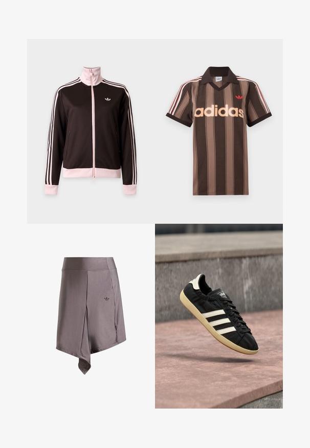 Mustro-roosa Adidas jooksujakk täis tõmblukuga, roosad triibud varrukaülaosadel, roosad mansetid ja krae ning Adidas logo rinnal.; Pruunide triipudega Adidas polotee, V-kaelusega, bordeau krae ja punase logoga. Omad valge ja punase triibuga õlad ning lühikesed varrukad.; Hallika jõusaali seelik sileda tekstuuriga, kergelt asümmeetrilise äärega ja väikese tumeda logo aktsendiga ees. Lisatud on painduva vöökoht.; Must Adidas tennisejalats valgete triipude ja beežika tallaga, õhus kivipinnast ja kivimüürist taustal pildistatud.