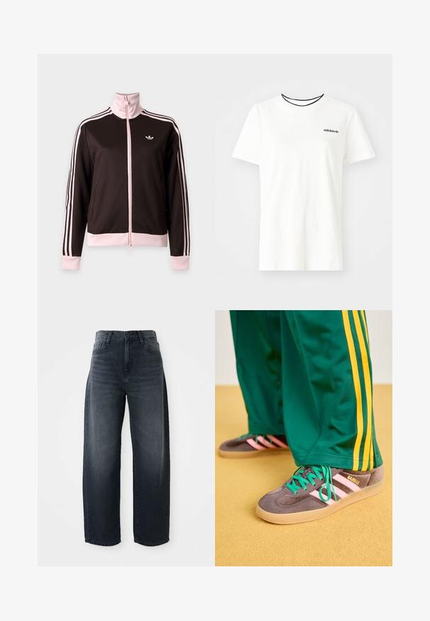 Μαύρο και ροζ αθλητικό μπουφάν Adidas με πλήρες φερμουάρ, ροζ ρίγες στα μανίκια, ροζ μανσέτες και γιακά, και το λογότυπο της Adidas στο στήθος.; Λευκό βαμβακερό t-shirt με κοντά μανίκια και στρογγυλή λαιμόκοψη. Διαθέτει ένα μαύρο λογότυπο της Adidas στο στήθος και αντίθετο μαύρο εσωτερικό επίδομα.; Τζιν παντελόνι σε σκούρο μπλε χρώμα, με φαρδιά πόδια, ψηλή μέση, κλασικό κλείσιμο με κουμπί και φερμουάρ, και ελαφριά ξεθώριασμα μπροστά.; Πράσινες αθλητικές φόρμες με κίτρινες ρίγες, σε συνδυασμό με γκρι sneakers Adidas Gazelle με ροζ ρίγες και πράσινα κορδόνια σε κίτρινο πάτωμα.