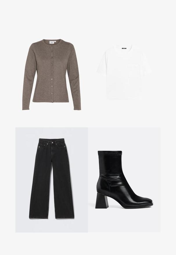 Brun langærmet cardigan med rund halsudskæring, frontlukning med knapper og en glat strikket tekstur. Simpelt design uden udsmykninger.; Enkelt hvid t-shirt med korte ærmer, rund halsudskæring og en lille brystlomme på venstre side.; Sorte højttaljede bredbenede jeans med knap- og lynlåslukning foran, bæltestropper og fem forlommer på en lys baggrund.; Sort læder ankelstøvle med firkantet blokhæl og rundet tå, sideblik på ensartet lys baggrund.