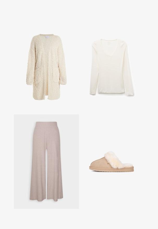 Textureret cremefarvet cardigan med åben front, lange ærmer og to forlommer. Lavet af strikket materiale med et blødt, fluffy udseende.; Hvid V-hals skjorte med lange ærmer, slim fit, lagt fladt på en hvid baggrund.; Lys grå bredbenede bukser lavet af blødt ribbet stof, med høj talje og fuldlængde ben med subtil tekstur.; Beige slip-on tøfler med tyk, fluffy hvid pelsforing og flad sål, vist fra siden på hvid baggrund.