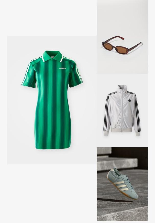 Witte jas met ritssluiting met zwarte drie-strepen details op de mouwen, zwart trefoil-logo op de borst en geribde boorden en tailleband.; Groen gestreepte polokleed gemaakt van zachte stof. Voorzien van een kraag, korte mouwen en het witte Adidas-logo. Verticale strepen in verschillende tinten.; Lichtblauwe sportschoen met witte strepen, gemaakt van zacht materiaal, met een getextureerd oppervlak en een bruine rubberen buitenzool.; Ronde, bruin getinte zonnebril met een glanzend bordeauxrood frame. Slanke pootjes met subtiele merkdetails. Vlakke lensontwerp.