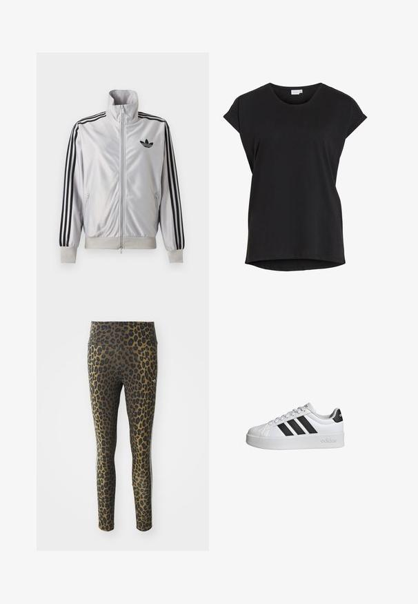 Witte jas met ritssluiting met zwarte drie-strepen details op de mouwen, zwart trefoil-logo op de borst en geribde boorden en tailleband.; Zwarte korte mouwen casual T-shirt met opgerolde manchetten en een ronde halslijn van het merk VILA.; Leggings met luipaardprint, voorzien van een hoge tailleband, rekbare stof en zwarte accenten op een lichtbruine basis, ontworpen voor comfort en pasvorm.; Witte sneaker met drie zwarte strepen aan de zijkant, bovenwerk van getextureerd leer, ronde neus en dikke witte zool. Gebrandmerkt met het "adidas" logo.