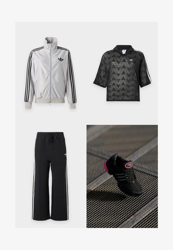 Witte jas met ritssluiting met zwarte drie-strepen details op de mouwen, zwart trefoil-logo op de borst en geribde boorden en tailleband.; Zwart mesh polo shirt met korte mouwen en chevronpatroon, witte Adidas-logo op de borst en witte strepen op de mouwen.; Zwarte, textuurgevoerde wijde trainingsbroek met witte zijstrepen en een elastische tailleband met trekkoord, met een klein wit logo op de heup.; Zwarte sportieve schoen met een bovenwerk van mesh, roze accenten en zwarte gestreepte details. Beschikt over een gestructureerde buitenzool en een logo-label op de hak.