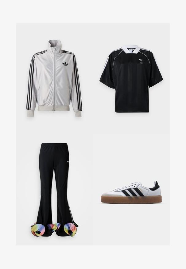 Chaqueta blanca con cremallera con detalles de tres rayas negras en las mangas, logo trefoil negro en el pecho y puños y cintura acanalados.; Camiseta deportiva negra de manga corta, con detalles blancos y cuello en V. Presenta rayas verticales y un pequeño logo en el pecho.; Pantalones deportivos negros con un diseño acampanado amplio. Cuenta con bajos coloridos y ondulados, y franjas blancas a los lados. Elaborados en tejido elástico.; Zapatillas de cuero blancas con rayas negras, suela de goma, puntera redonda, cierre de cordones y caperuza de ante gris suave.