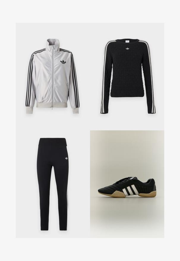 Veste blanche zippée avec détails trois bandes noirs sur les manches, logo trefoil noir sur la poitrine et poignets et ceinture côtelés.; Pull en maille noire avec une surface texturée, manches longues, col rond, rayures blanches sur les côtés et logo brodé sur la poitrine.; Leggings de sport noir taille haute avec logo blanc sur la hanche et trois bandes blanches sur les côtés.; Chaussure de sport noire avec des bandes blanches et une semelle beige texturée sur un fond neutre, vue de profil.