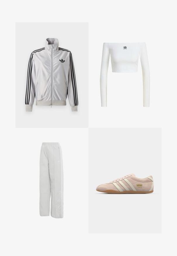 Biely zip-up kabát s čiernym detailom troch prúžkov na rukávoch, čiernym logom trefoil na hrudi a rebrovanými manžetami a lemom.; Biela crop top s odhalenými ramenami z rebrovaného materiálu, s dlhými rukávmi a malým čiernym logom Adidas na prednej strane.; Svetlosivé široké teplákové nohavice Adidas s elastickým pásom, bielymi tromi pruhmi na stranách, vrecko na zips a jemnou kvetinovou výšivkou na ľavej nohe.; adidas Originals TOKYO - Tenisky - quartz/off white