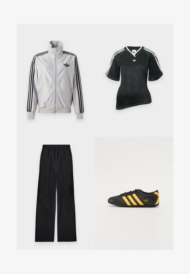 Hvid lynlåsjakke med sorte tre-stribe detaljer på ærmerne, sort trefoil-logo på brystet og ribbet manchetter og linning.; Sort atletisk skjorte med V-hals, korte ærmer og tekstureret chevronmønster. Har hvide tre-stribe accenter på skuldrene og logo.; Sorte bukser med vide ben og elastik i taljen, lavet af letvægtsstof, vist fladt på en lys baggrund.; Sort lædersportssko med gult tre-stribe design, rund tå, sorte snørebånd og lille logo på siden. Lavprofil silhuet.