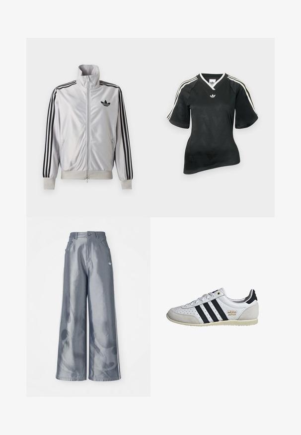 Weißes Reißverschlussjacke mit schwarzen drei Streifen an den Ärmeln, schwarzem Trefoil-Logo auf der Brust und gerippten Bündchen und Bund.; Schwarzes Sportshirt mit V-Ausschnitt, kurzen Ärmeln und strukturiertem Chevron-Muster. Mit weißen drei-Streifen-Akzenten auf den Schultern und Logo.; Weite Hose aus glänzendem grauem Material, ausgestattet mit weißen seitlichen Streifen und einem Flammenmuster an den Unterschenkeln. Knopf- und Reißverschlussverschluss an der Taille.; Weiße Sneaker mit schwarzen Streifen und goldener Markenkennzeichnung. Verfügt über Materialien aus Wildleder und Leder, ein durchlässiges Obermaterial und eine strukturierte Gummisohle.