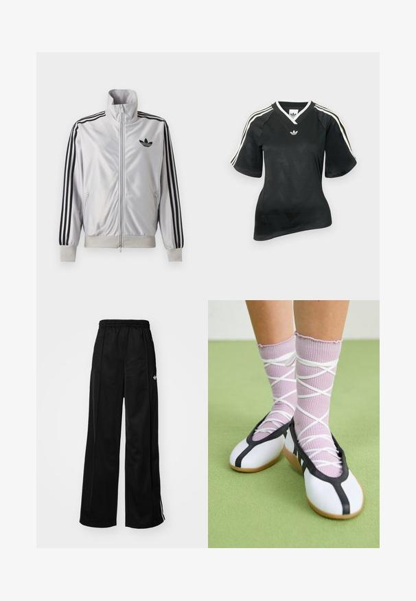 Chaqueta blanca con cremallera con detalles de tres rayas negras en las mangas, logo trefoil negro en el pecho y puños y cintura acanalados.; Camiseta deportiva negra con escote en V, mangas cortas y patrón de cheurón texturizado. Presenta detalles de tres franjas blancas en los hombros y logo.; Pantalones de chándal negros de pierna ancha con cinturilla elástica, que cuentan con rayas laterales blancas y un pequeño logo en la cadera izquierda. Textura de tela suave.; Piernas con calcetines lavanda acanalados con tiras blancas cruzadas combinados con bailarinas blancas con ribete negro sobre un suelo verde.