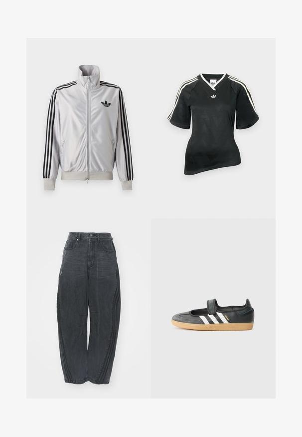 Biely zip-up kabát s čiernym detailom troch prúžkov na rukávoch, čiernym logom trefoil na hrudi a rebrovanými manžetami a lemom.; Čierne športové tričko s výstrihom do V, krátkym rukávom a textúrovaným vzorom chevron. Má biele tri pásikové ozdoby na ramenách a logo.; Voľné čierne denimové džínsy so zosušeným povrchom, piatimi vreckami, zapínaním na gombík v páse a prešívaním na prednej strane a po stranách.; Čierne kožené a zamšové tenisky s Velcro pásikom, s tromi bielymi pruhmi a gumenou podrážkou, označené nápisom "SAMBA" na boku.