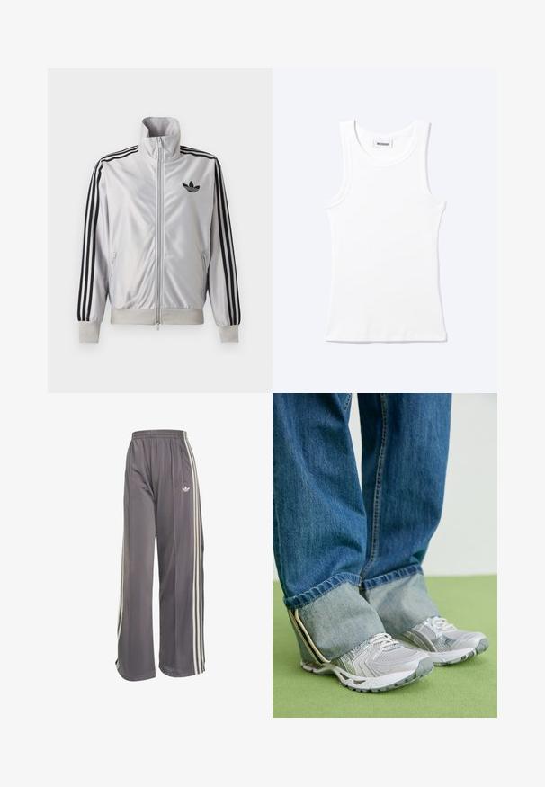 Chaqueta blanca con cremallera con detalles de tres rayas negras en las mangas, logo trefoil negro en el pecho y puños y cintura acanalados.; Camiseta sin mangas blanca con textura de canalé, cuello redondo y una pequeña etiqueta que dice "WEEKDAY" en el interior del cuello.; Pantalones deportivos grises de pierna ancha con cintura elástica, franjas blancas laterales, bolsillo con cremallera y logo de Adidas en el muslo derecho.; Zapatillas deportivas grises con material de malla y acentos blancos, combinadas con jeans de denim azul que tienen los tobillos remangados.