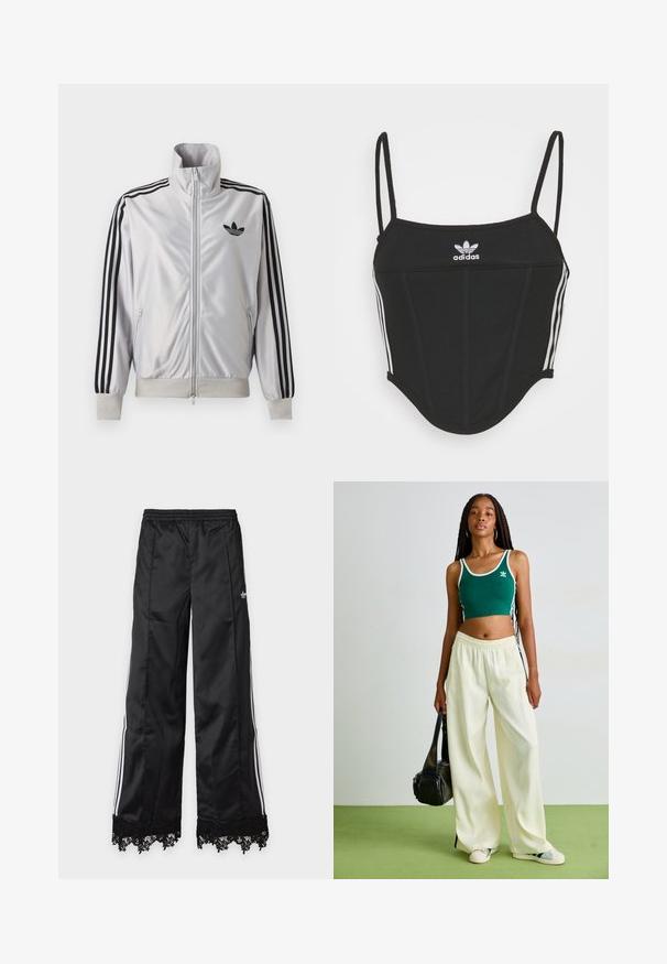 Weißes Reißverschlussjacke mit schwarzen drei Streifen an den Ärmeln, schwarzem Trefoil-Logo auf der Brust und gerippten Bündchen und Bund.; Schwarzes, geripptes Crop Top mit verstellbaren dünnen Trägern, das drei weiße Streifen an den Seiten und ein kleines weißes Adidas-Logo in der Mitte aufweist.; Schwarze weit geschnittene Trainingshose mit weißen Seitenstreifen, elastischem Bund und schwarzer Spitzenverzierung am Saum vor hellem Hintergrund.; Grünes, kurzes Tanktop mit weißen Akzenten, kombiniert mit weit geschnittenen, cremfarbenen Hosen. Das Model hält eine kleine schwarze Tasche. Schlichte Sneaker.
