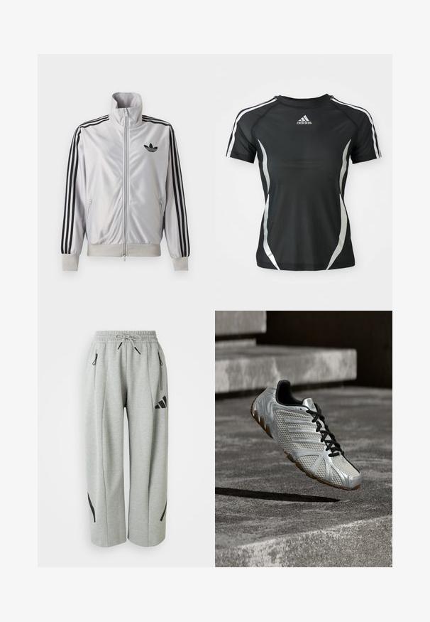 Hvid lynlåsjakke med sorte tre-stribe detaljer på ærmerne, sort trefoil-logo på brystet og ribbet manchetter og linning.; Sort Adidas atletisk T-shirt med korte ærmer, hvide striber på skuldrene og sølvfarvede buede detaljer på siderne.; Lys grå sweatpants lavet af blødt stof med elastisk talje, snor og sorte detaljer på lommer og sider.; Sølv og sort Adidas sportssko med tekstureret design og brun sål, hængende over en grå betonoverflade og trin.