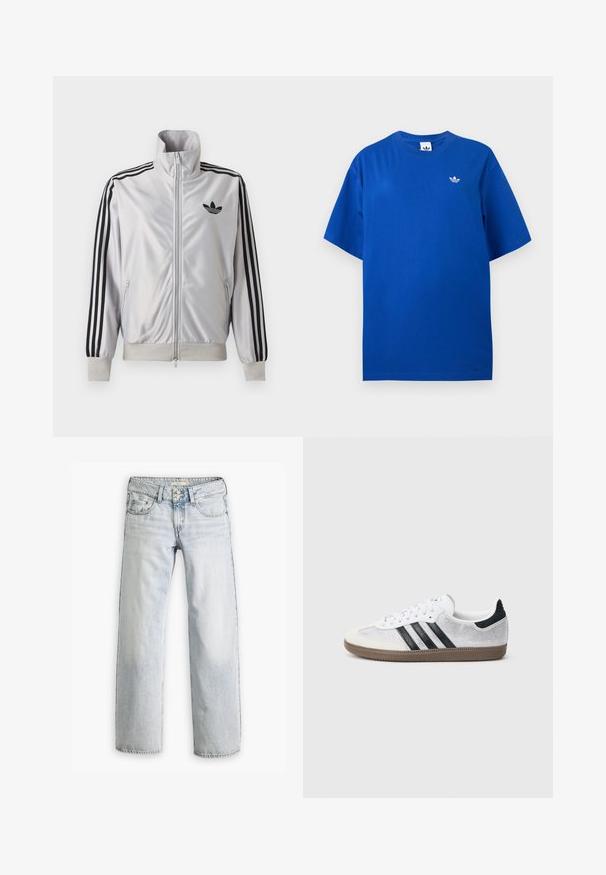 Biely zip-up kabát s čiernym detailom troch prúžkov na rukávoch, čiernym logom trefoil na hrudi a rebrovanými manžetami a lemom.; Modré tričko Adidas s krátkym rukávom a okrúhlym výstrihom, s malým bielym logom Adidas trefoil na ľavej strane hrudníka.; Svetlomodré džíny s uvoľneným strihom, vysokým pásom a dizajnom s piatimi vreckami. Obsahujú švy a zapínanie na gombíky.; Biele sieťované tenisky s čiernymi pruhmi, béžovým semišovým špičkovým a pätovým detailom, textúrovanou gumovou podrážkou a bielymi šnúrkami. Klasický nízky strih.