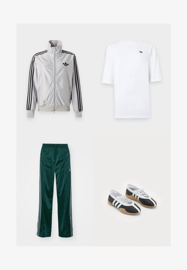 Witte jas met ritssluiting met zwarte drie-strepen details op de mouwen, zwart trefoil-logo op de borst en geribde boorden en tailleband.; Wit Adidas T-shirt met korte mouwen en een klein zwart trefoil-logo op de linkerborst.; Donkergroene sportbroeken van glanzend materiaal, met zijstrepens in lichtgrijs en een geborduurd logo op het linkerbeen.; Zwart-witte sport schoenen met een slank ontwerp, rubberen zool, vetersluiting en drie witte strepen aan de zijkanten.