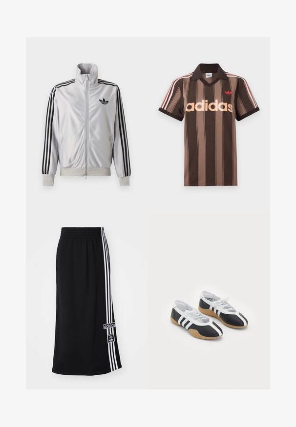 Valkoinen vetoketjullinen takki, jossa mustat kolmen raidan yksityiskohdat hihoissa, musta trefoil-logo rinnassa ja resorit hihansuissa ja helmassa.; Ruskearaidallinen Adidas-pikeepaita, jossa on V-aukko, viininpunainen kaulus ja punainen logo. Paidassa on valkoiset ja punaiset olkapääraidat sekä lyhyet hihat.; Musta urheiluhame, jossa on joustava vyötärö, yhdessä sivussa kolme valkoista raitaa ja Adidas-logo-ompelus. Sileä kangas.; Musta-valkoiset urheilukengät, joissa on sulavalinjainen muotoilu, kumipohja, nauhakiinnitys ja kolme valkoista raitaa sivuilla.