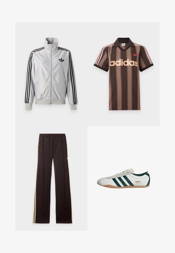 Weißes Reißverschlussjacke mit schwarzen drei Streifen an den Ärmeln, schwarzem Trefoil-Logo auf der Brust und gerippten Bündchen und Bund.; Braunes gestreiftes Adidas-Poloshirt mit V-Ausschnitt, bordeauxrotem Kragen und rotem Logo. Mit weißen und roten Schulterstreifen, kurzen Ärmeln.; Schwarze Jogginghose mit gelben Seitenstreifen, elastischem Bund, seitlichen Reißverschlusstaschen und kleinem Logo am oberen Oberschenkel.; Weiße Sneaker mit grünen Streifen, Obermaterial aus Wildleder und Synthetik, Gummisohle, runde Zehenform und Detail mit dem "adidas TOKYO" Logo.