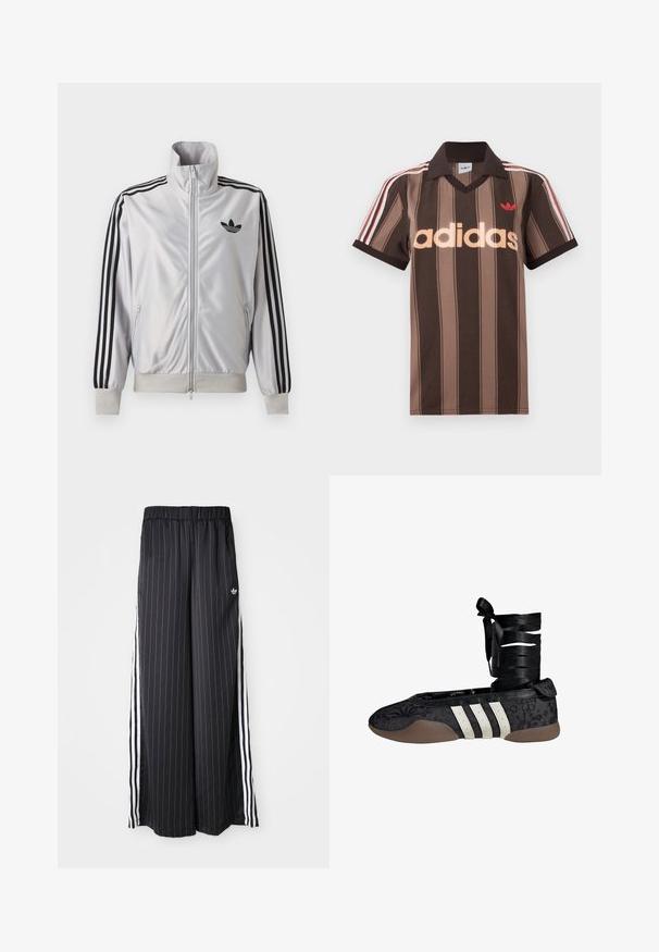 Biely zip-up kabát s čiernym detailom troch prúžkov na rukávoch, čiernym logom trefoil na hrudi a rebrovanými manžetami a lemom.; Hnedé prúžkované polo tričko Adidas s výstrihom do V, bordovým golierom a červeným logom. Má bielo-červené pruhy na ramenách a krátke rukávy.; Čierne široké nohavice s vertikálnymi bielymi pruhmi, elastický pás a tri biele pruhy po stranách. Logo Adidas vpredu.; Čierna baletná balerína s kvetinovým vzorom, biely dizajn s tromi pruhmi a textilným zapínaním okolo členka. Štruktúrovaný materiál a ohybná hnedá podrážka.