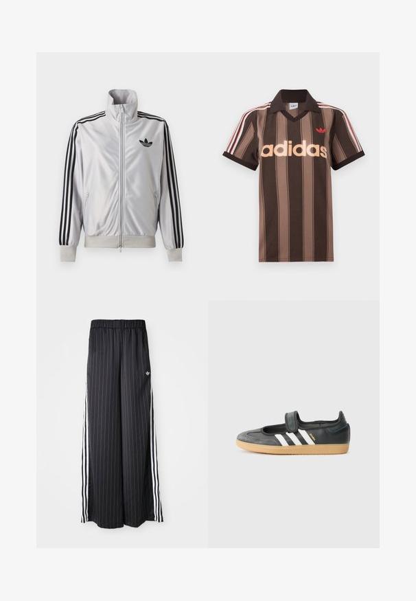 Biely zip-up kabát s čiernym detailom troch prúžkov na rukávoch, čiernym logom trefoil na hrudi a rebrovanými manžetami a lemom.; Hnedé prúžkované polo tričko Adidas s výstrihom do V, bordovým golierom a červeným logom. Má bielo-červené pruhy na ramenách a krátke rukávy.; Čierne široké nohavice s vertikálnymi bielymi pruhmi, elastický pás a tri biele pruhy po stranách. Logo Adidas vpredu.; Čierne kožené a zamšové tenisky s Velcro pásikom, s tromi bielymi pruhmi a gumenou podrážkou, označené nápisom "SAMBA" na boku.