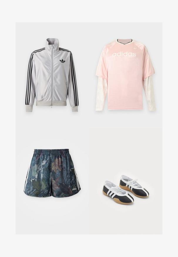 Valge lukuga jakk musta kolmetriibulise detailiga varrukatel, must trefoil-logo rinnal ning soonikkätte- ja vöökohaga.; Heleroosa Adidas pika varrukaga särk, millel on valged mustriga võrkmaterjalist varrukad ning Adidas logo rinnal hallil taustal.; Täiskasvanutele mõeldud lühikesed püksid, millel on tumedal taustal mitmevärviline lehe muster, elastne vöökoht ja valged külgribad.; Mustvalged spordijalatsid, millel on sile disain, kummist tald, paeltest kinni tõmmatav sulgur ja kolm valget triipu külgedel.