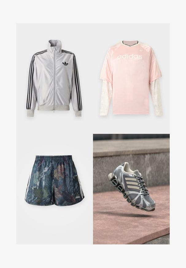 Witte jas met ritssluiting met zwarte drie-strepen details op de mouwen, zwart trefoil-logo op de borst en geribde boorden en tailleband.; Lichtroze Adidas longsleeve met witte, patroonrijke meshmouwen en Adidas-logo op de borst tegen een grijze achtergrond.; Volwassen shorts met een meerkleurig bladdesign op een donkere achtergrond, voorzien van een elastische tailleband en zijstrepen in het wit.; Grijze en zilveren sportschoen met unieke veerachtige zool die boven roze betontrappen zweeft.