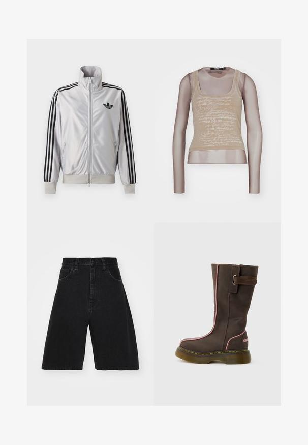 Witte jas met ritssluiting met zwarte drie-strepen details op de mouwen, zwart trefoil-logo op de borst en geribde boorden en tailleband.; Beige tanktop gecombineerd met lange mesh mouwen; beschikt over een witte tekstprint aan de voorkant, ronde halslijn en een aansluitende pasvorm.; Zwarte denim shorts met een hoge taille en een wijdbenige pasvorm, voorzien van vijf zakken en een knoopsluiting. Glad textuur met minimale vervaging.; Bruine lederen laars tot halverwege de kuit met roze bies, dikke doorschijnende zool, gele stiksels en een zijriem met metalen gesp.
