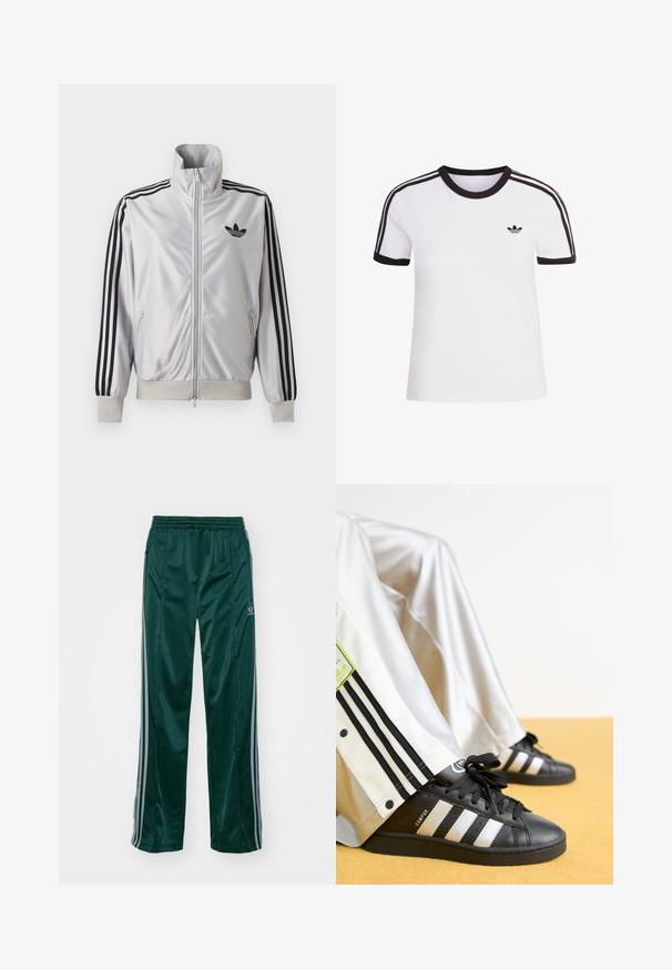 Biely zip-up kabát s čiernym detailom troch prúžkov na rukávoch, čiernym logom trefoil na hrudi a rebrovanými manžetami a lemom.; Biele tričko s krátkym rukávom s čiernymi detailmi, s okrúhlym výstrihom a tromi čiernymi pruhmi na každom ramene. Malé čierne logo na hrudi.; Tmavozelené športové nohavice vyrobené z lesklého materiálu, s bočnými pruhmi v svetlošedej farbe a vyšitým logom na ľavom stehne.; Čierne tenisky Adidas Campus so zlatými pruhmi a čiernymi šnúrkami, spárované s bielymi teplákmi so čiernymi pruhmi a logom.