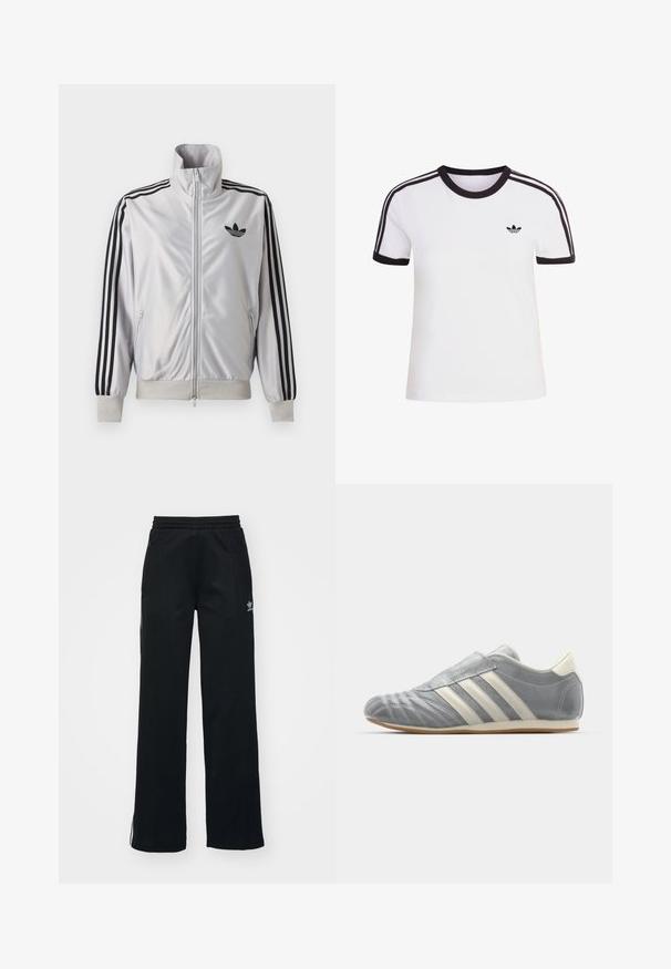 Biely zip-up kabát s čiernym detailom troch prúžkov na rukávoch, čiernym logom trefoil na hrudi a rebrovanými manžetami a lemom.; Biele tričko s krátkym rukávom s čiernymi detailmi, s okrúhlym výstrihom a tromi čiernymi pruhmi na každom ramene. Malé čierne logo na hrudi.; Čierne športové nohavice so voľným strihom, s viazaním v páse, bočnými zipsovými vreckami a diskrétnym bielym logom na ľavej nohe.; adidas Originals TAEKWONDO W - Tenisky - silver metallic/off white