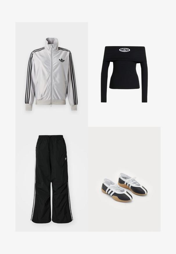 Biely zip-up kabát s čiernym detailom troch prúžkov na rukávoch, čiernym logom trefoil na hrudi a rebrovanými manžetami a lemom.; Čierna off-shoulder blúzka z rebrového materiálu s dlhými rukávmi a centrálnym logom. Hladká textúra a priliehavý strih.; Čierne vetrovky nohavice s elastickým pásom, šnúrkou na stiahnutie, bielymi bočnými pruhmi, voľným strihom, s malým logom na ľavej strane.; Čierne a biele športové topánky s elegantným dizajnom, gumovou podrážkou, šnurovaním a tromi bielymi prúžkami na bokoch.