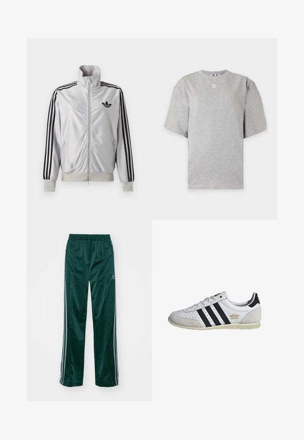 Weißes Reißverschlussjacke mit schwarzen drei Streifen an den Ärmeln, schwarzem Trefoil-Logo auf der Brust und gerippten Bündchen und Bund.; Hellgraues Adidas T-Shirt mit kurzen Ärmeln, Rundhalsausschnitt und kleinem weißen Adidas-Logo auf der Brust, auf schlichtem Hintergrund dargestellt.; Dunkelgrüne Sporthosen aus glänzendem Material, mit seitlichen Streifen in Hellgrau und einem gestickten Logo auf dem linken Bein.; Weiße Sneaker mit schwarzen Streifen und goldener Markenkennzeichnung. Verfügt über Materialien aus Wildleder und Leder, ein durchlässiges Obermaterial und eine strukturierte Gummisohle.