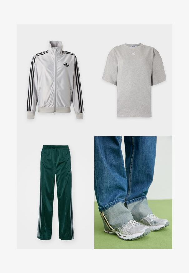 Chaqueta blanca con cremallera con detalles de tres rayas negras en las mangas, logo trefoil negro en el pecho y puños y cintura acanalados.; Camiseta Adidas de manga corta color gris claro con cuello redondo y pequeño logo blanco de Adidas en el pecho, mostrada sobre un fondo liso.; Pantalones deportivos de color verde oscuro, hechos de un material brillante, con franjas laterales en gris claro y un logotipo bordado en la pierna izquierda.; Zapatillas deportivas grises con material de malla y acentos blancos, combinadas con jeans de denim azul que tienen los tobillos remangados.