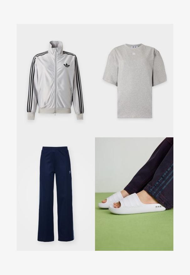Valge lukuga jakk musta kolmetriibulise detailiga varrukatel, must trefoil-logo rinnal ning soonikkätte- ja vöökohaga.; Helehall Adidas lühikeste varrukatega t-särk, ümara kaelusega ja väikese valge Adidas logoga rinnal, esitatud lihtsal taustal.; Tumesinise puuvillaseguse kangaga dressipüksid laia säärekujundusega, elastse värvliga ja tõmblukkudega taskutega, millel on valged külg triibud ja logodetail.; Valged kummist libisemisjalanõud kolme tekstuuriga horisontaalse triibuga, ümar varvas ja küljele trükitud logo, koos tumedate teksadega.