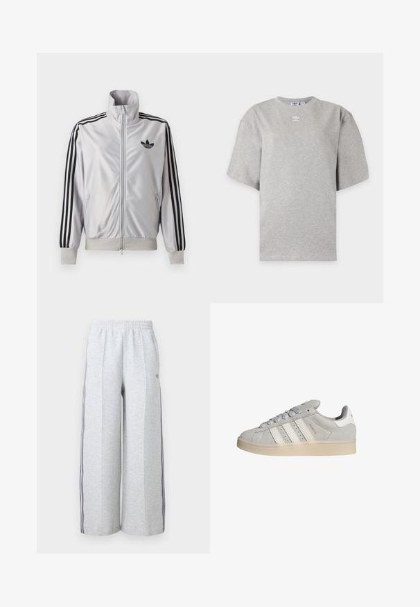 Witte jas met ritssluiting met zwarte drie-strepen details op de mouwen, zwart trefoil-logo op de borst en geribde boorden en tailleband.; Lichtgrijs Adidas T-shirt met korte mouwen, ronde hals en klein wit Adidas-logo op de borst, weergegeven op een effen achtergrond.; Lichtgrijze sweatpants met wijde pijpen, elastische tailleband en donkergrijze zijstrepen, met een klein logo op de linker dij.; Grijze suède sneakers met witte leren accenten, drie witte strepen en een lichtgekleurde rubberen zool. Voorzien van platte veters en een ronde neus.