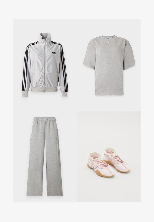 Valge lukuga jakk musta kolmetriibulise detailiga varrukatel, must trefoil-logo rinnal ning soonikkätte- ja vöökohaga.; Helehall Adidas lühikeste varrukatega t-särk, ümara kaelusega ja väikese valge Adidas logoga rinnal, esitatud lihtsal taustal.; Heledat hallid laiapõhjalised dressipüksid elastse vöökohaga ja väikese musta Adidas logo paremal reiel.; Roosad kangast jalatsid pehme tekstuuriga, lace-up disainiga ja kummist tallaga. Dekoratiivsed aktsendid ja kolm triipu külgedel.