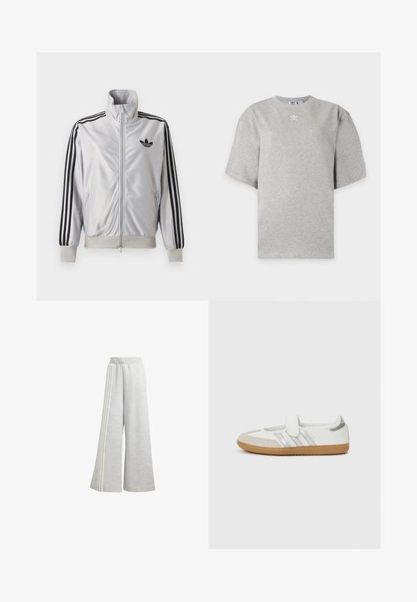 Weißes Reißverschlussjacke mit schwarzen drei Streifen an den Ärmeln, schwarzem Trefoil-Logo auf der Brust und gerippten Bündchen und Bund.; Hellgraues Adidas T-Shirt mit kurzen Ärmeln, Rundhalsausschnitt und kleinem weißen Adidas-Logo auf der Brust, auf schlichtem Hintergrund dargestellt.; Hellgraue weit geschnittene Sweatpants aus weichem Stoff, mit drei weißen Streifen an jeder Seite und einem elastischen Bund.; Weißer Sneaker mit silbernen Streifen, Wildlederzehenkappe und Klettverschluss. Texturierte Gummisohle in Karamellfarbe. Minimalistisches Design mit glatter Oberfläche.