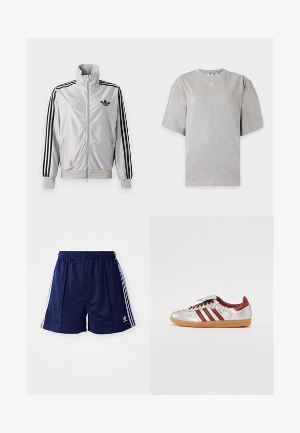 Biely zip-up kabát s čiernym detailom troch prúžkov na rukávoch, čiernym logom trefoil na hrudi a rebrovanými manžetami a lemom.; Svetlosivé tričko Adidas s krátkym rukávom, okrúhlym výstrihom a malým bielym logom Adidas na hrudi, zobrazené na jednoduchom pozadí.; Námorné športové šortky vyrobené z ľahkého materiálu, s bielymi bočnými pruhmi a vyšívaným logom na dolnej ľavej strane. Elastický pás.; Strieborné športové topánky s červenými pruhmi, textúrovanou gumenou podrážkou a suchým zipsom na vrchu. Obsahujú hladký kožený povrch a polstrovaný golier.