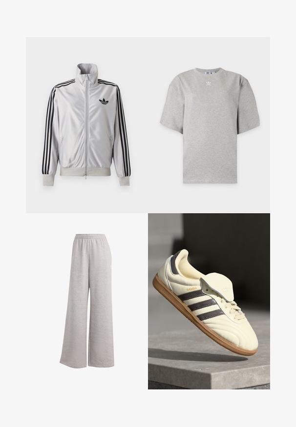 Chaqueta blanca con cremallera con detalles de tres rayas negras en las mangas, logo trefoil negro en el pecho y puños y cintura acanalados.; Camiseta Adidas de manga corta color gris claro con cuello redondo y pequeño logo blanco de Adidas en el pecho, mostrada sobre un fondo liso.; Pantalones de chándal gris claro con un corte holgado, cinturilla elástica y textura suave. Presenta un sutil logo en un lado. Diseño casual.; Zapatilla de cuero crema con tres rayas oscuras, suela de goma marrón y punta redondeada. Cuenta con una lengüeta plegable etiquetada como "SAMBA".