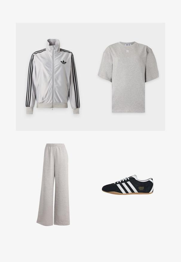 Hvid lynlåsjakke med sorte tre-stribe detaljer på ærmerne, sort trefoil-logo på brystet og ribbet manchetter og linning.; Lysegrå Adidas T-shirt med korte ærmer, rund hals og lille hvid Adidas-logo på brystet, vist på en ensfarvet baggrund.; Lys grå sweatsbukser med en løs pasform, elastisk talje og blød tekstur. Har subtil branding på den ene side. Casual design.; Sort ruskinds sneaker med hvide tre striber, guldlogo og en brun gummisål. Har et lavprofil snørebåndsdesign.
