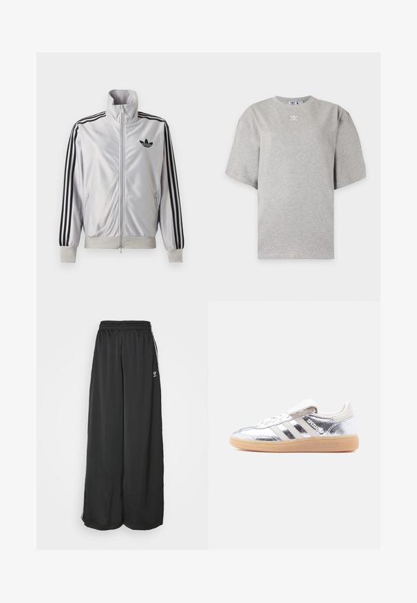 Valge lukuga jakk musta kolmetriibulise detailiga varrukatel, must trefoil-logo rinnal ning soonikkätte- ja vöökohaga.; Helehall Adidas lühikeste varrukatega t-särk, ümara kaelusega ja väikese valge Adidas logoga rinnal, esitatud lihtsal taustal.; Mustad, vabalt langevad spordipüksid, mis on valmistatud siledast kangast. Omab elastset vöökoht ja külgedel triibusid koos logo aktsentidega.; Hõbedane metallikvärvi Adidas Spezial toss vasakult poolt vaadatuna, valgete triipude ja kummist tallaga, ühtlase valge taustaga.