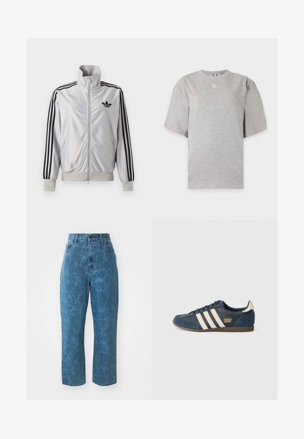 Biely zip-up kabát s čiernym detailom troch prúžkov na rukávoch, čiernym logom trefoil na hrudi a rebrovanými manžetami a lemom.; Svetlosivé tričko Adidas s krátkym rukávom, okrúhlym výstrihom a malým bielym logom Adidas na hrudi, zobrazené na jednoduchom pozadí.; Svetlomodré denim nohavice s jemnou vzorovanou textúrou, vysokým pásom a rovný strih. Obsahujú predné zapínanie na gombík a zips.; Námornícky modré semišové tenisky s krémovými pruhmi, textúrovanou špičkou, zlatým logom "adidas JAPAN" a hnedou gumovou podrážkou. Klasický nízky dizajn.