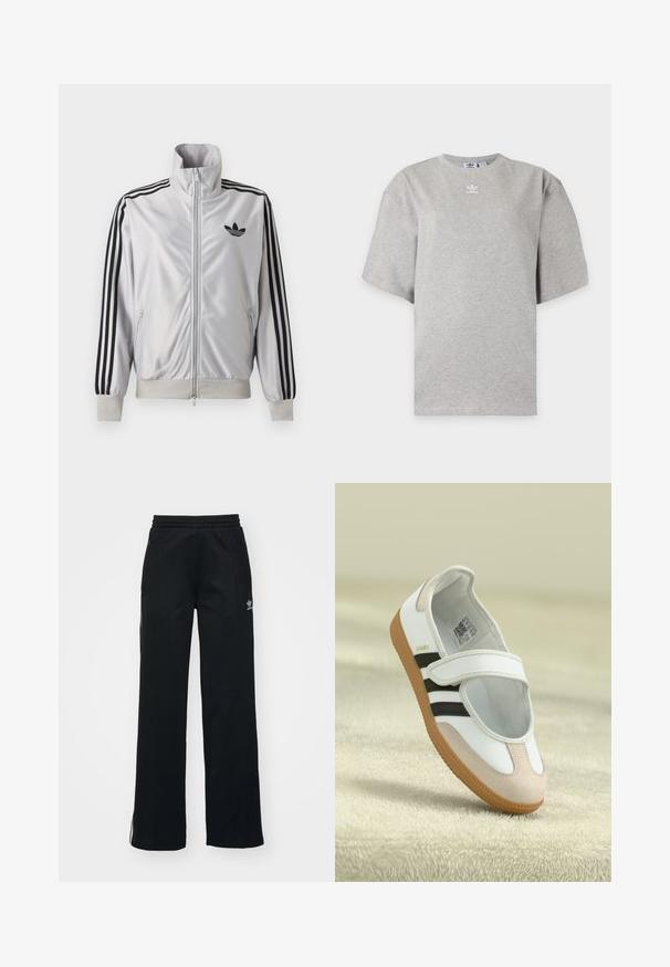 Biely zip-up kabát s čiernym detailom troch prúžkov na rukávoch, čiernym logom trefoil na hrudi a rebrovanými manžetami a lemom.; Svetlosivé tričko Adidas s krátkym rukávom, okrúhlym výstrihom a malým bielym logom Adidas na hrudi, zobrazené na jednoduchom pozadí.; Čierne športové nohavice so voľným strihom, s viazaním v páse, bočnými zipsovými vreckami a diskrétnym bielym logom na ľavej nohe.; Biele topánky s ružovým semišovým špičkou, čiernymi pruhmi a suchým zipsom. Majú hnedú gumovú podrážku a logo po boku.