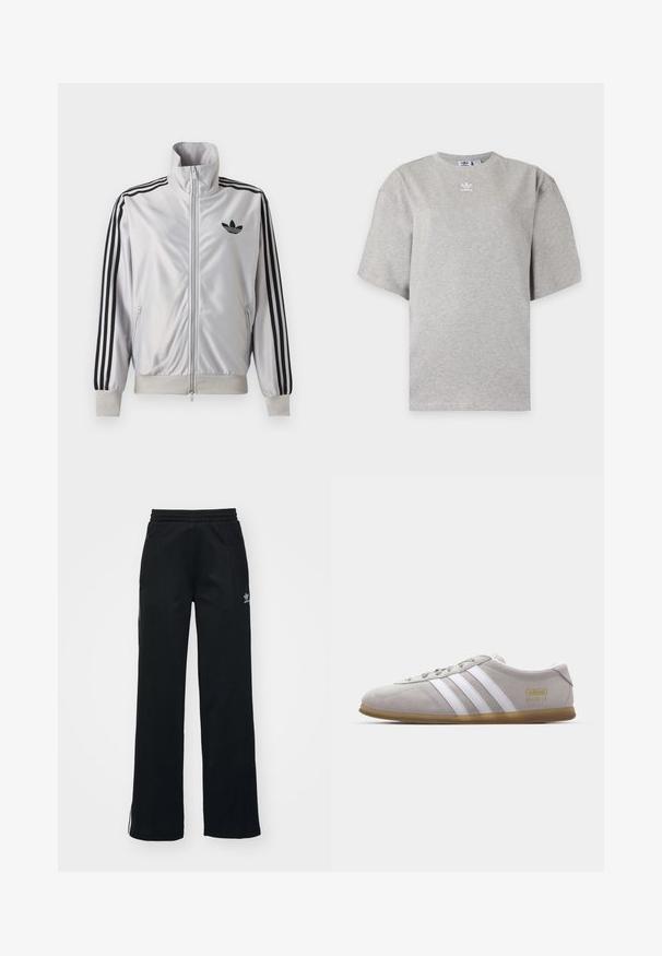 Valge lukuga jakk musta kolmetriibulise detailiga varrukatel, must trefoil-logo rinnal ning soonikkätte- ja vöökohaga.; Helehall Adidas lühikeste varrukatega t-särk, ümara kaelusega ja väikese valge Adidas logoga rinnal, esitatud lihtsal taustal.; Mustad mustat spordipüksid, vabalt istuv, paelaga talje, külgedel lukuga taskud ja vasakul jalal diskreetne valge brändimine.; Hall värvi suede tossud valgete nahkraitsete ja kuldse logo detailiga. Üksikasjalik kummikummist talla, ümar nina ja klassikaline paeltega sulgemise disain.