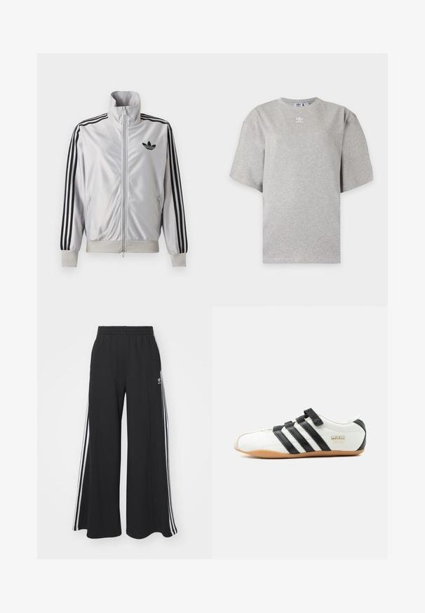 Chaqueta blanca con cremallera con detalles de tres rayas negras en las mangas, logo trefoil negro en el pecho y puños y cintura acanalados.; Camiseta Adidas de manga corta color gris claro con cuello redondo y pequeño logo blanco de Adidas en el pecho, mostrada sobre un fondo liso.; Pantalones negros de pierna ancha con cintura elástica, con tres rayas blancas a lo largo de los lados exteriores y un pequeño logotipo en la parte delantera.; Zapatilla Adidas Tokyo blanca con rayas negras, correas de velcro negras y suela de goma, vista de lado sobre fondo blanco.