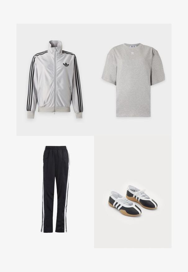 Veste blanche zippée avec détails trois bandes noirs sur les manches, logo trefoil noir sur la poitrine et poignets et ceinture côtelés.; T-shirt Adidas gris clair à manches courtes avec col rond et petit logo Adidas blanc sur la poitrine, présenté sur un fond simple.; Pantalons de jogging noirs avec des rayures latérales blanches, taille élastique et un patch logo. Fabriqués en tissu lisse et léger. Design à jambe droite.; Baskets de sport noir et blanc au design élégant, semelle en caoutchouc, fermeture à lacets et trois rayures blanches sur les côtés.