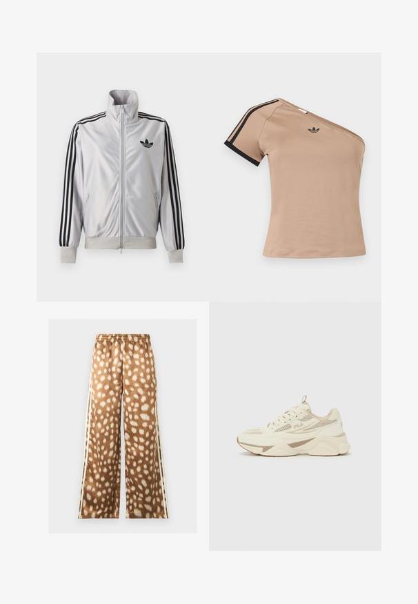 Veste blanche zippée avec détails trois bandes noirs sur les manches, logo trefoil noir sur la poitrine et poignets et ceinture côtelés.; Top de sport beige asymétrique avec des rayures noires sur la manche courte et un petit logo Adidas noir sur la poitrine.; Pantalon à jambes larges avec imprimé cerf beige et blanc, taille élastique et bandes blanches sur les côtés.; Sneaker FILA crème et beige avec des panneaux en mesh, semelle épaisse et design à lacets, vue de côté sur un fond uni.