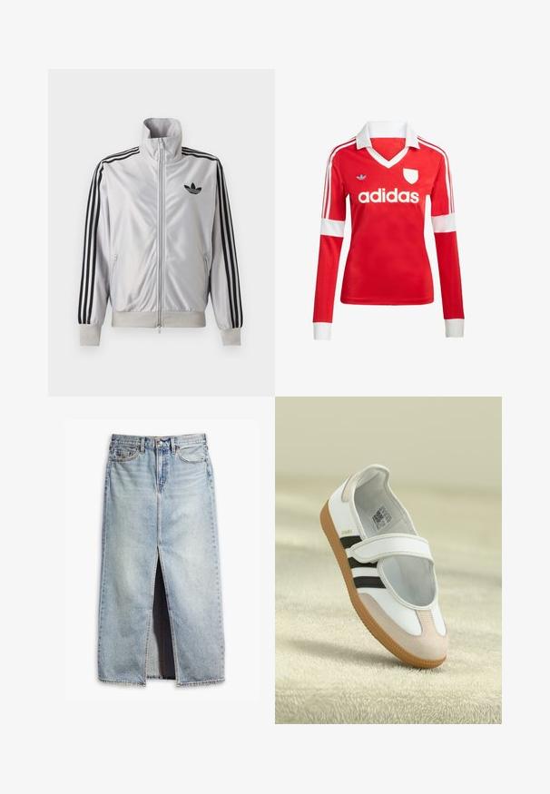 Hvit jakke med glidelås, svarte tre-stripes detaljer på ermene, svart trefoil-logo på brystet og ribbestrikkede mansjetter og midjebånd.; Rød langermet fotballdrakt med hvit krage og mansjetter. Har tre hvite striper på skuldrene og "adidas"-logoen iøynefallende plassert.; Lys blå denim skjørt med en frontspalte, fem-lomme design og knappelukking. Har falmede detaljer og rå kant.; Hvit sko med en rosa semsket tå, svarte striper og en borrelåsrem. Har en tan gummisåle og en logo på siden.