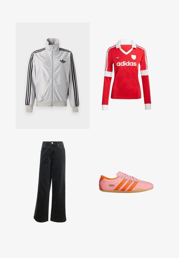 Biely zip-up kabát s čiernym detailom troch prúžkov na rukávoch, čiernym logom trefoil na hrudi a rebrovanými manžetami a lemom.; Červený futbalový dres s dlhým rukávom a bielym golierom a manžetami. Na ramenách sú tri biele pruhy a výrazne zobrazené logo "adidas".; Džínsy s vysokým pásom a širokými nohavicami v čiernej farbe, s gombíkovým zapínaním, piatimi vreckami a malým vyšitým logom na prednej strane. Štruktúrovaná látka.; Ružová sneakerka s oranžovými akcentmi, s tromi pruhmi, textúrovaným materiálom, šnurovaním vpredu a gumovou podrážkou. Branding na boku.
