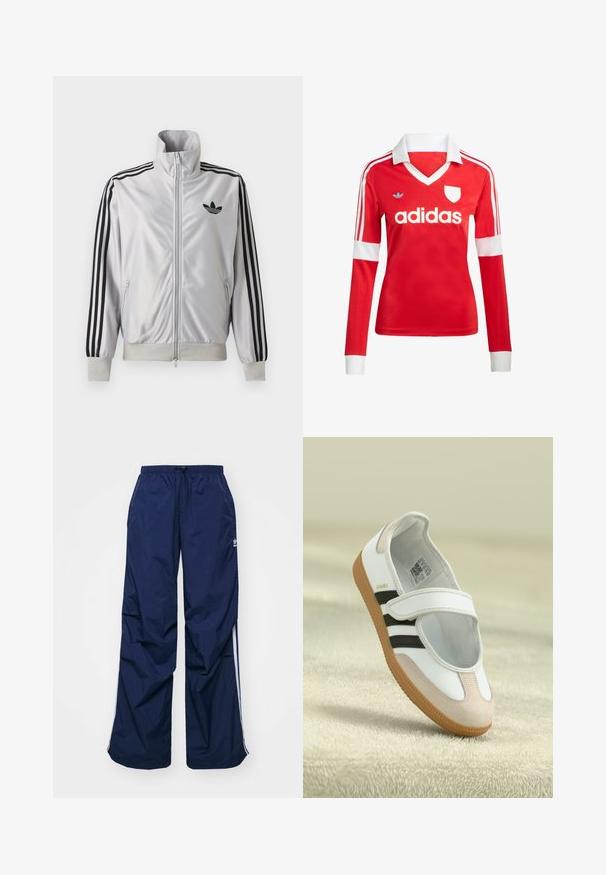 Witte jas met ritssluiting met zwarte drie-strepen details op de mouwen, zwart trefoil-logo op de borst en geribde boorden en tailleband.; Rode lange mouwen voetbalshirt met een witte kraag en manchetten. Heeft drie witte strepen op de schouders en het "adidas" logo prominent weergegeven.; Navyblauwe, lichtgewicht broek met elastische taille en trekkoord, voorzien van witte zijstrepen en een klein logo aan de voorkant. Losse pasvorm.; Witte schoen met een roze suède neus, zwarte strepen en een klittenbandsluiting. Heeft een tan rubberen zool en een logo aan de zijkant.